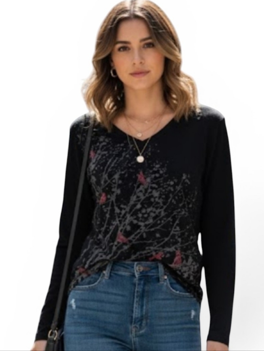 Northern Reflections Black Cardinal Bird Print Top Cozy Cottagecore SZ M